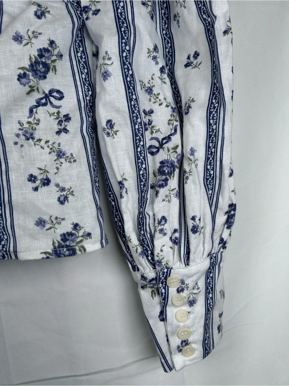 Reformation Floral Linen Crop Top Women’s Size 0 White Blue Sustainable